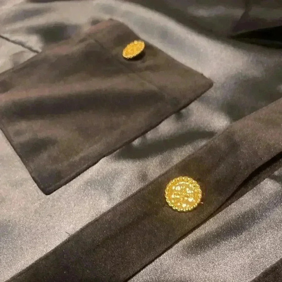 Edward Achour Paris Satin Button Up Shirt 44 Blouse Patch Pocket Metallic Button - Picture 9 of 10